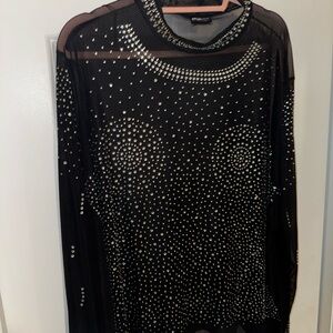 Elegant Black Rhinestone Mesh Blouse